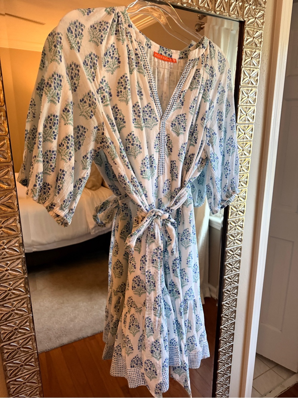 Oliphant White Dress with Blue & Green Floral Print and Tie Waist
